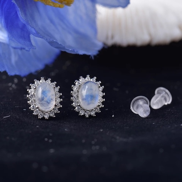 Natural Blue Flashy Moonstone Ear Studs Sterling Silver - Picture 2 of 5